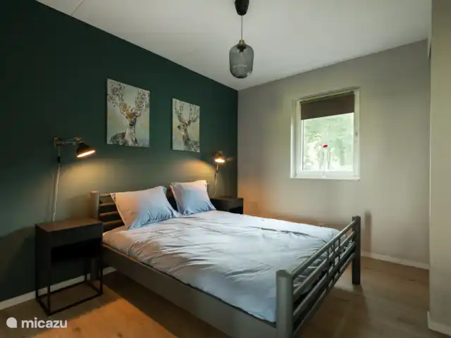 Vue sur prairie | Pays-Bas, Overijssel, Ootmarsum - bungalow Chambre avec un lit double et armoire encastrée