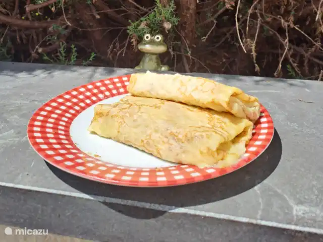 Accueil familial indépendant avec chien accepté | France, Charente, Écuras - maison de vacances Frog regarde les crêpes fourrées au fromage et au jambon.