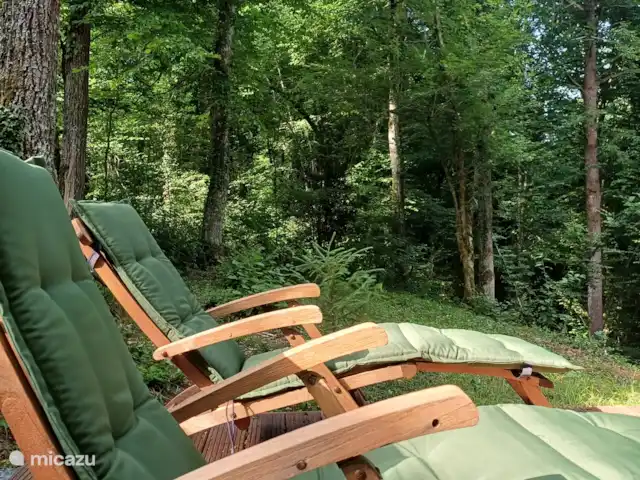 Location de Vacances Belgique, Ardennes, Durbuy, maison de vacances - Maison Tronchiennes Un endroit supplémentaire dans la cour arrière (la forêt) avec 2 transats où vous pourrez profiter du calme et de la tranquillité !