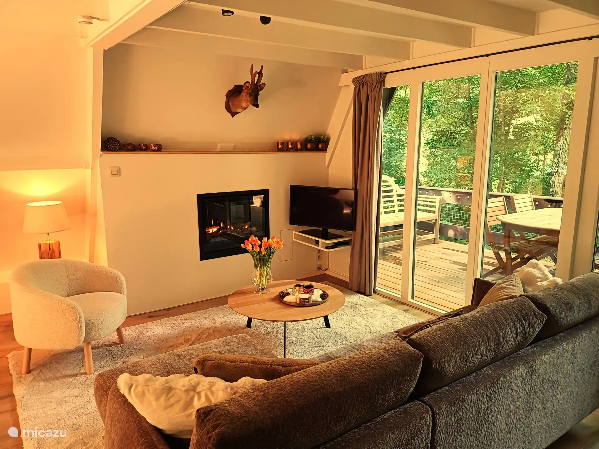 Das Wohnzimmer mit eingebautem Gaskamin.