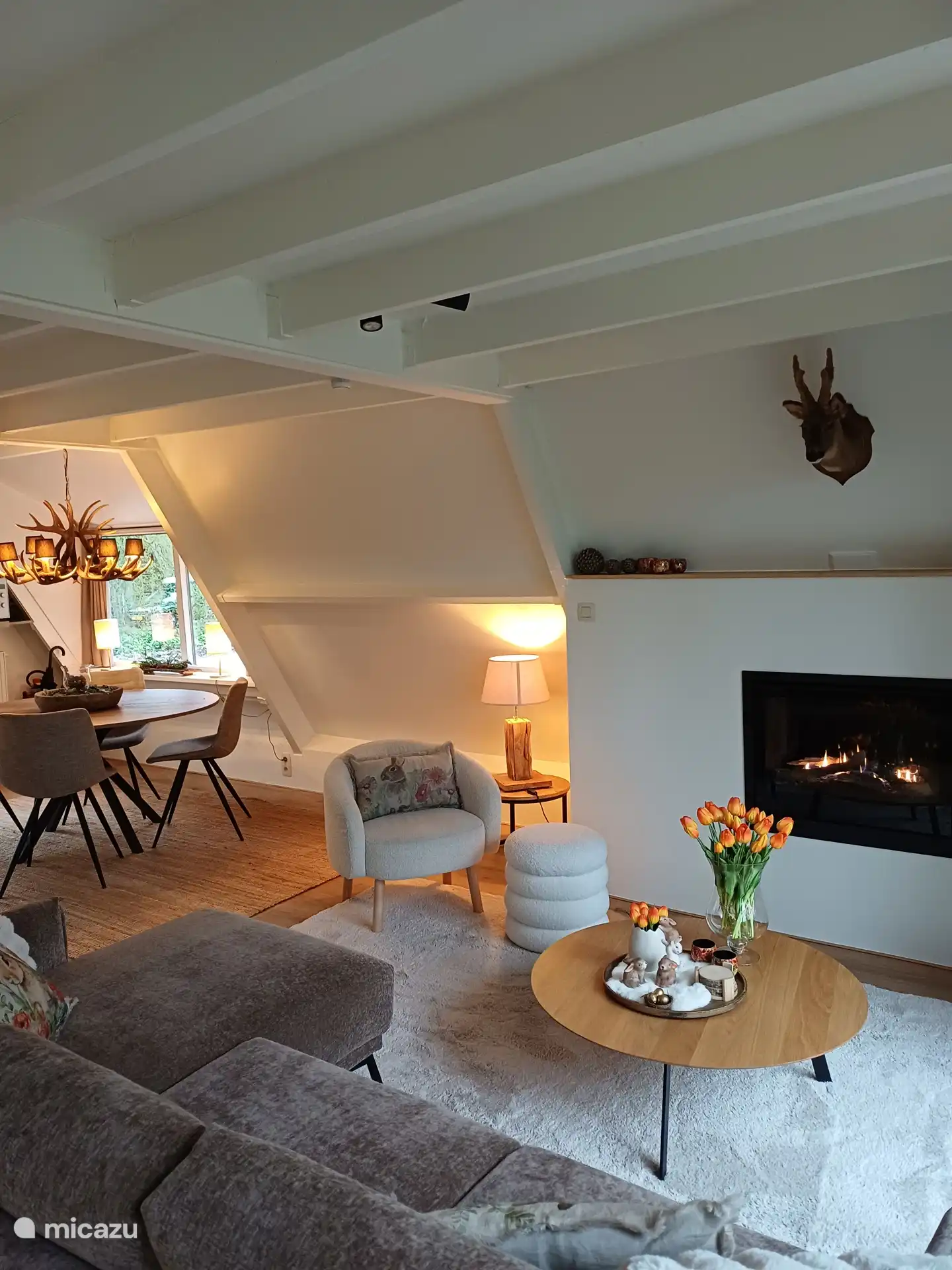 De gezellige woonkamer met inbouwgashaard. M.T. momenteel in paassfeer.