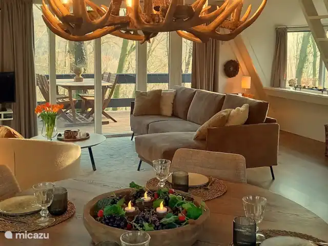 Location de Vacances Belgique, Ardennes, Durbuy, maison de vacances - Maison Tronchiennes La salle à manger avec vue sur la forêt adjacente. 
Pour les jeunes parents avec un enfant ;
Une chaise haute est rangée dans le placard et peut être ajoutée à la table.