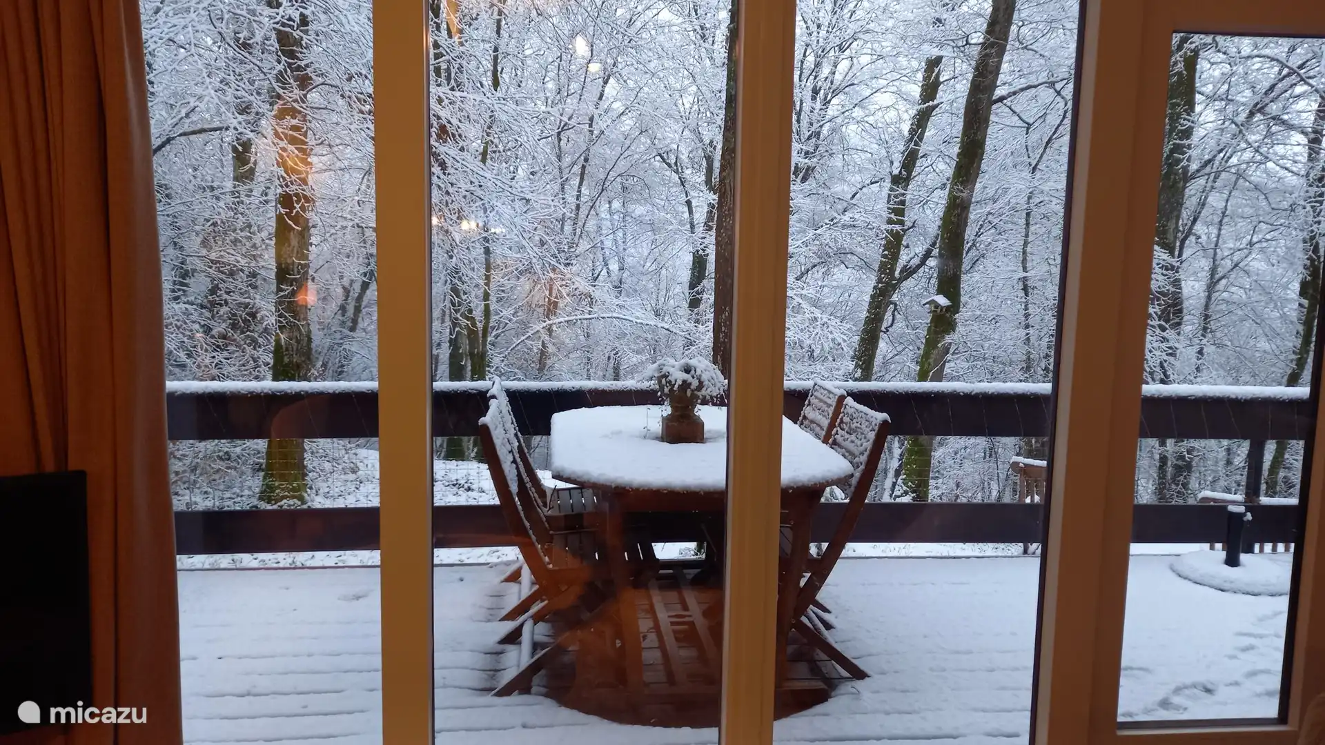 Blick von der Lounge auf den dahinter liegenden Wald. Foto aufgenommen am 2. Januar 2025. Nun ziehen wir uns warm an und besuchen den ach so schönen Weihnachtsmarkt von Durbuy! (Weihnachtsmarkt vom 20. November bis 3. Januar)   