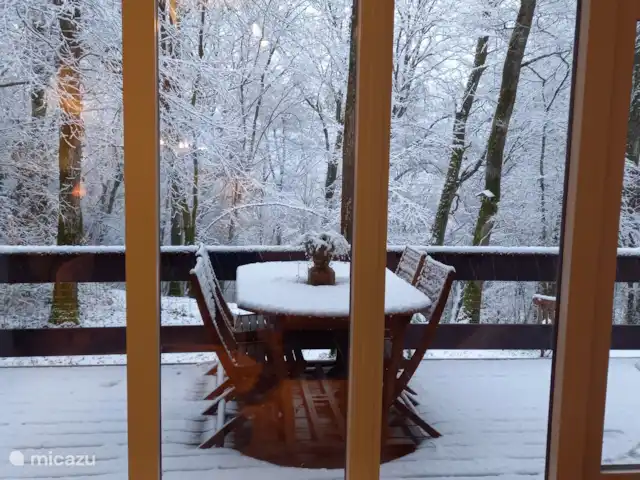 Location de Vacances Belgique, Ardennes, Durbuy, maison de vacances - Maison Tronchiennes Vue du salon sur la forêt derrière. Photo prise le 2 janvier 2025. Maintenant, nous nous habillons chaudement et visitons le si beau marché de Noël de Durbuy ! (Marché de Noël du 21 novembre au 5 janvier)