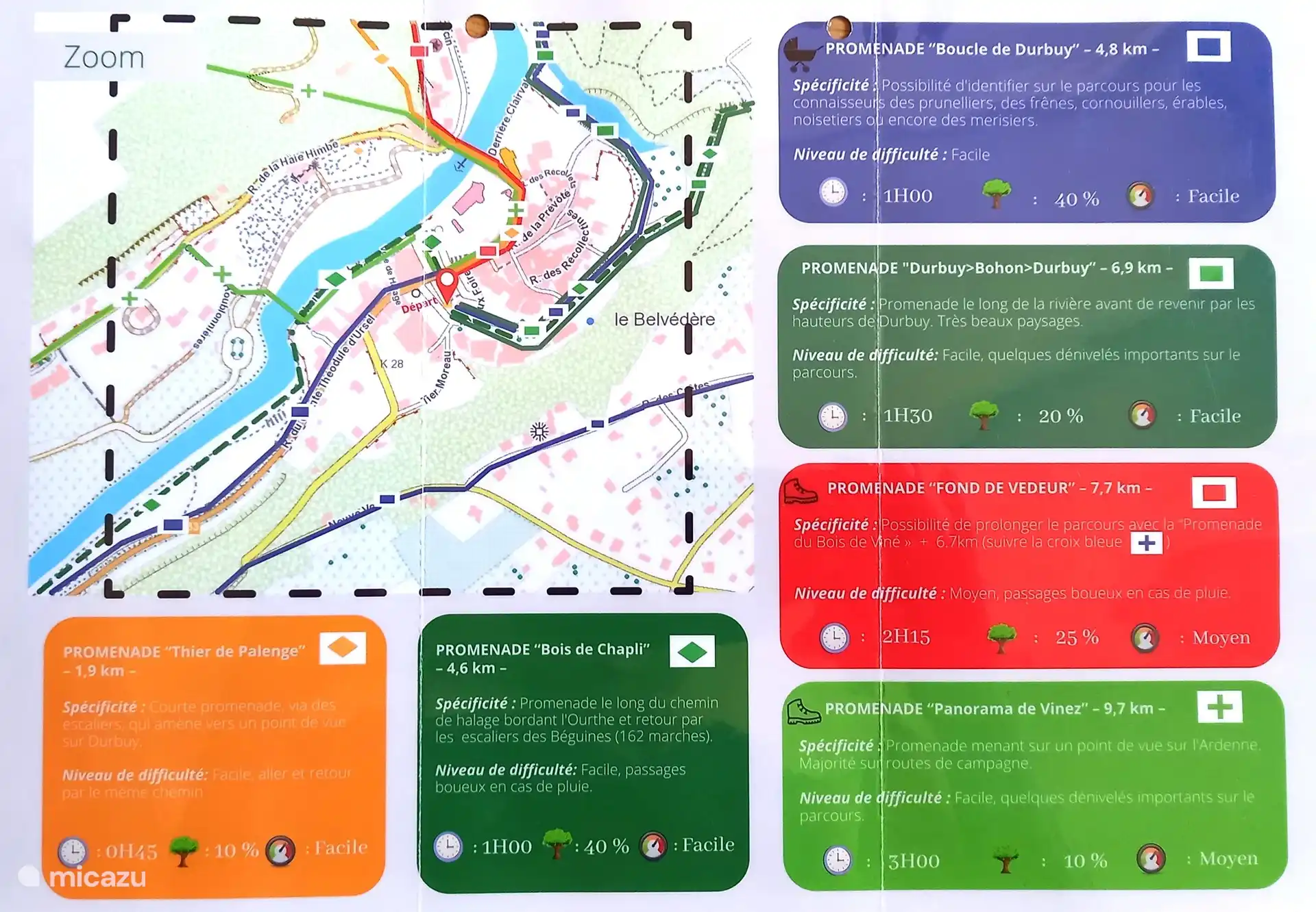 Ausgeschilderte Rundwanderungen, die im Zentrum von Durbuy beginnen und Sie die reizvolle Umgebung von Durbuy entdecken lassen! Natürlich gibt es noch viele weitere Wander- und Radfahrmöglichkeiten. 