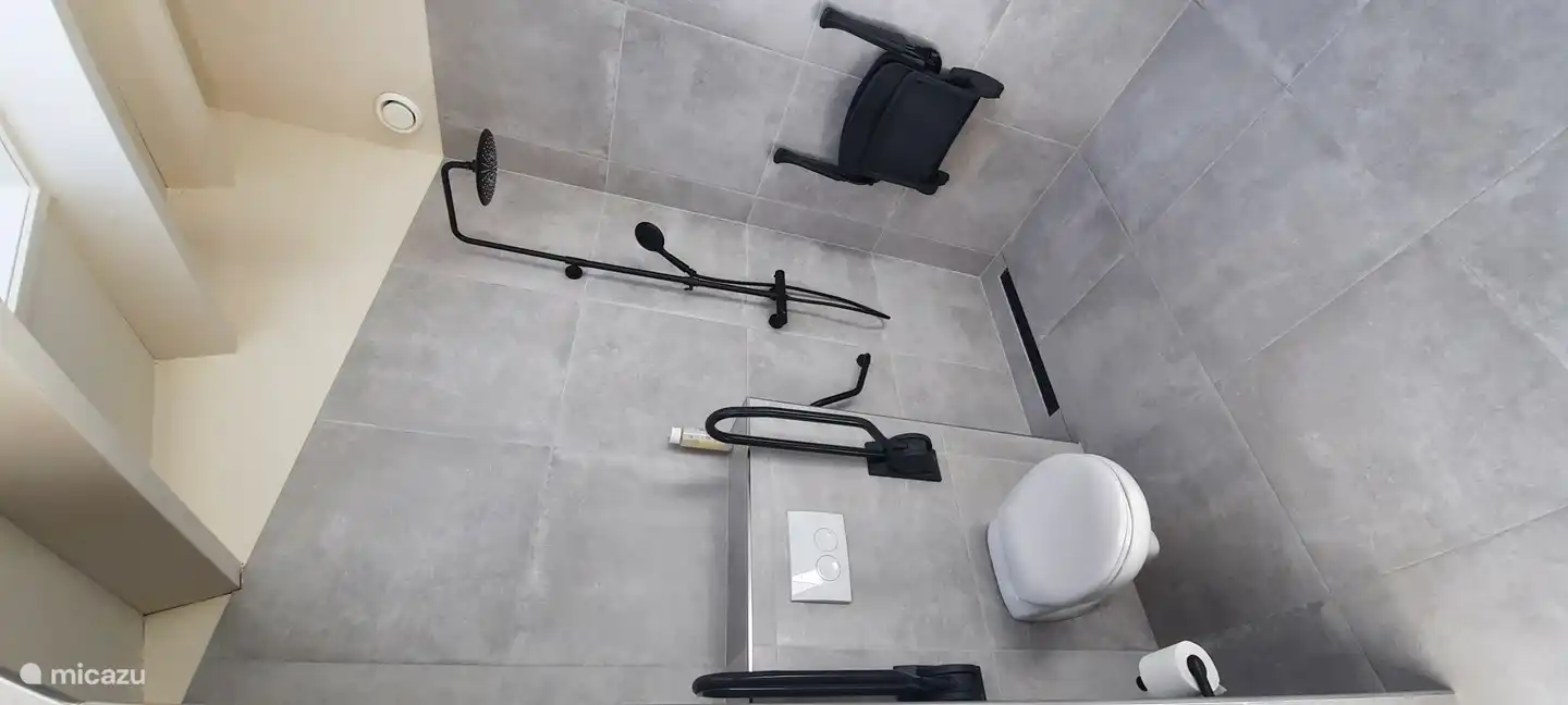 Badezimmer mit Duschstuhl, Toilettenhalterung, Kippspiegel.