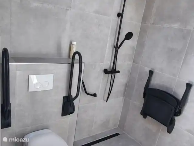 Location de Vacances Pays-Bas, Gueldre, Zelhem, bungalow - Le bungalow Reekamp 1 Salle de bain avec chaise de douche, support WC, miroirs inclinables.