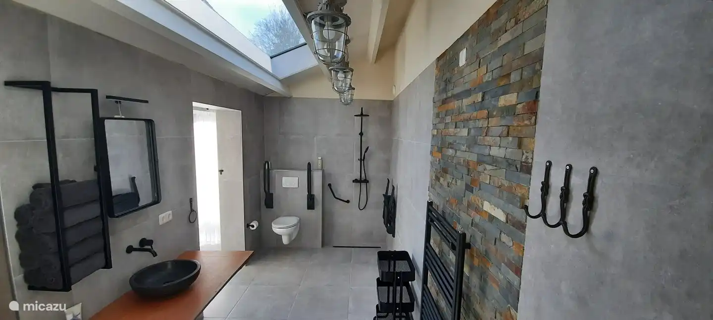 Badezimmer mit Duschstuhl, Toilettenhalterung, Kippspiegel.