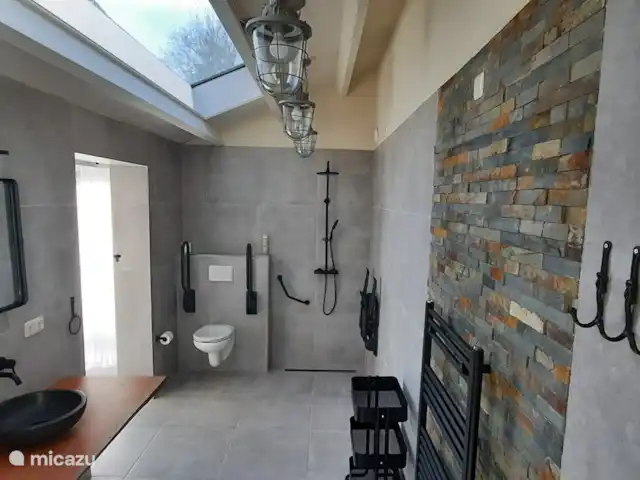 Location de Vacances Pays-Bas, Gueldre, Zelhem, bungalow - Le bungalow Reekamp 1 Salle de bain avec chaise de douche, support WC, miroirs inclinables.