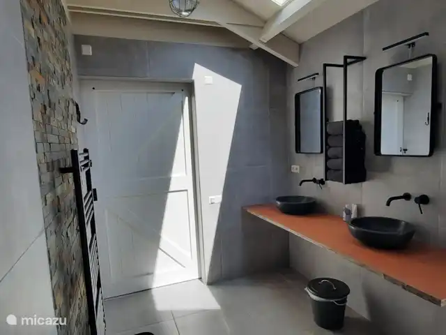 Location de Vacances Pays-Bas, Gueldre, Zelhem, bungalow - Le bungalow Reekamp 1 Salle de bain avec chaise de douche, support WC, miroirs inclinables.