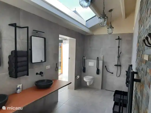 Location de Vacances Pays-Bas, Gueldre, Zelhem, bungalow - Le bungalow Reekamp 1 Salle de bain avec chaise de douche, support WC, miroirs inclinables.