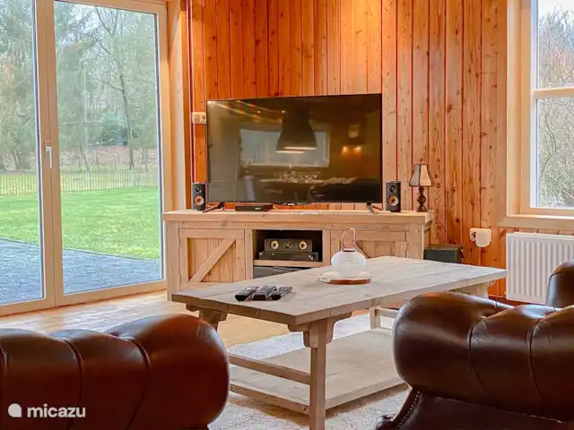 Domaine de Leeuwen - Twente | Pays-Bas, Overijssel, Delden - villa Coin TV avec canapés Chesterfield, DVD Surround et vue sur la terrasse.