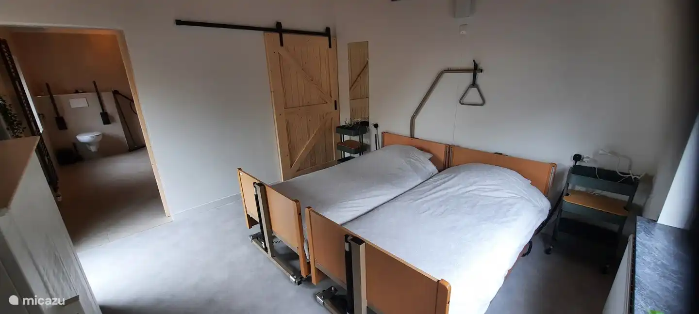 Dormitorio con camas altas y bajas eléctricas y baño en suite.