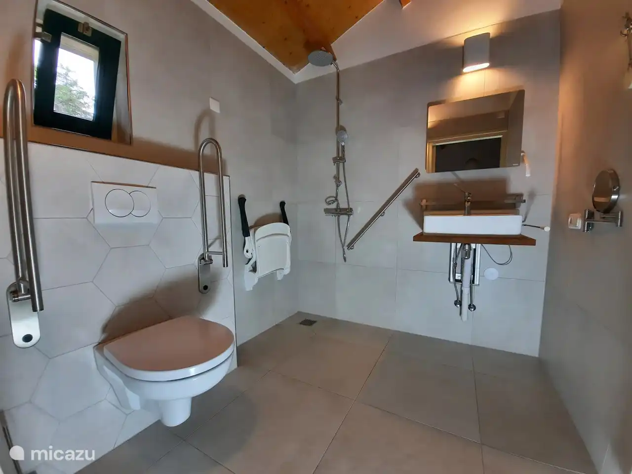 Badezimmer mit Duschstuhl, Toilettenstützen, höhenverstellbarem Waschbecken.