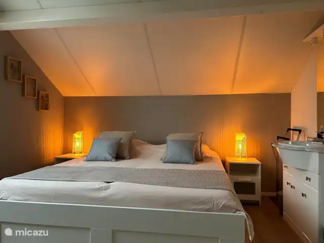 Casa 134 Cazaleres en Francia, Ariège, Daumazan-sur-Arize - villa Una cama doble extra grande con lavabo, mosquiteros y ventilador para un sueño reparador.
