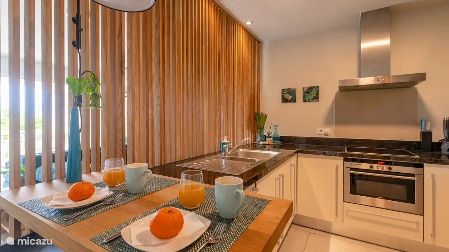 La cuisine avec le bar du petit déjeuner. La cuisine est entièrement équipée. Vous pouvez manger au bar ou sur le balcon.