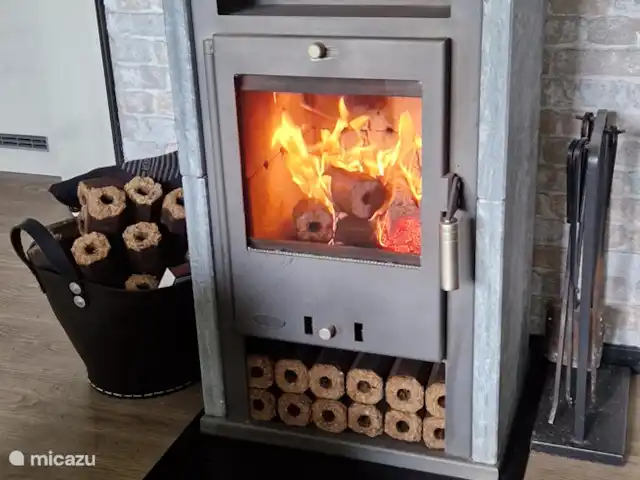 Maison de luxe 'De Boskant' | Pays-Bas, Overijssel, Gramsbergen - maison de vacances Ce poêle en stéatite robuste est situé dans le salon. Vous pouvez utiliser gratuitement les rondins de bois dur pressés disponibles.