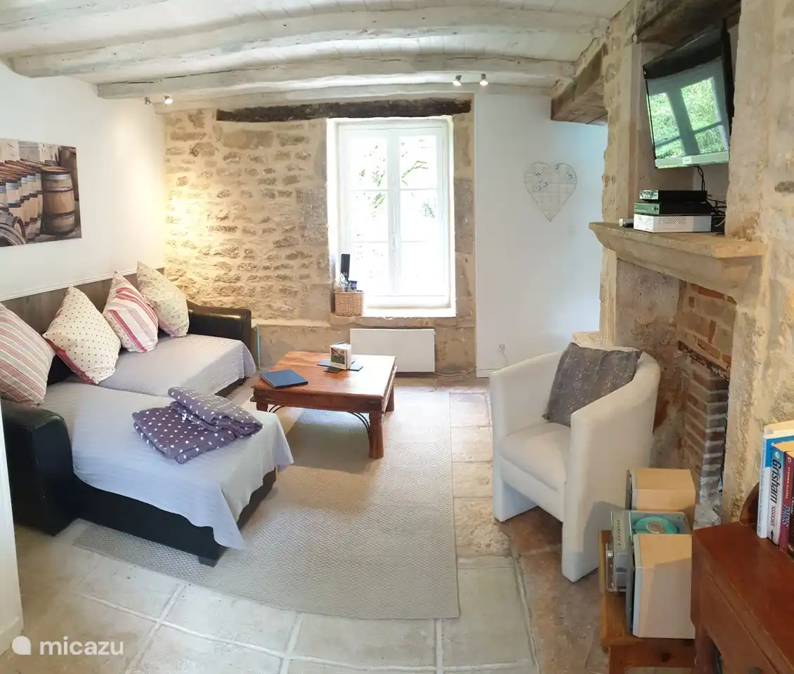 Rückansicht des Wohnzimmers mit bequemem Sofa und TV/DVD etc.