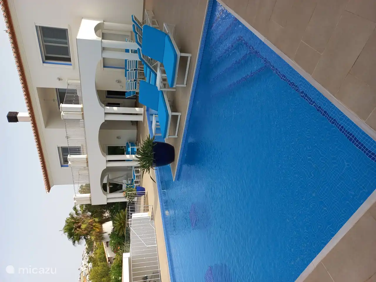 Schöner Designer-Pool mit Sonnenliegen, Ess- und Loungebereich