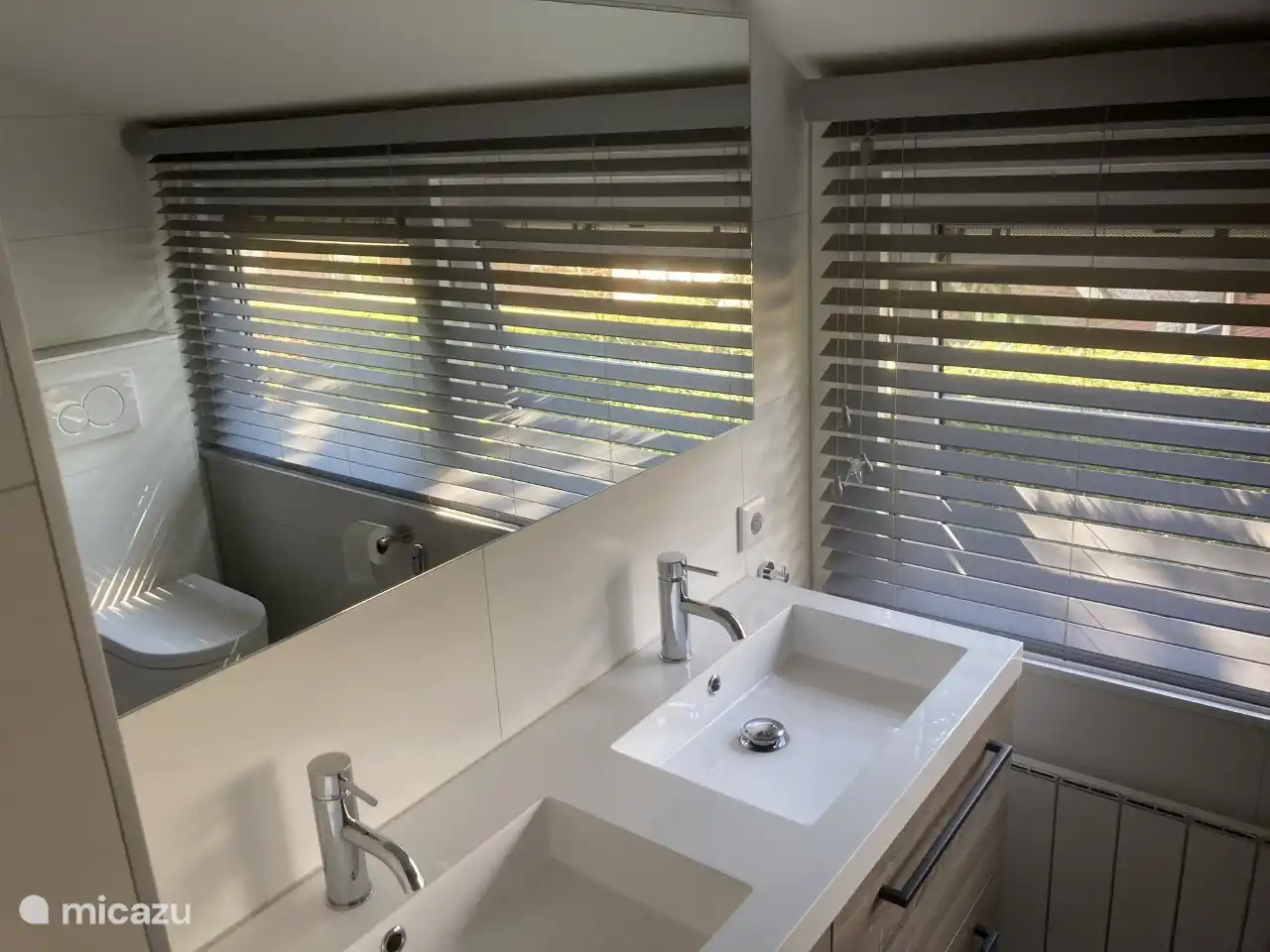 Badkamer met dubbele wastafel, toilet en regendouche.