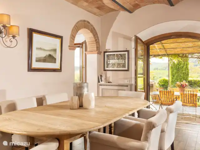 Casa dei Fiore/Montalcino/d’Orcia | Italie, Toscane, Buonconvento - maison mitoyenne Salle à manger donnant sur le jardin