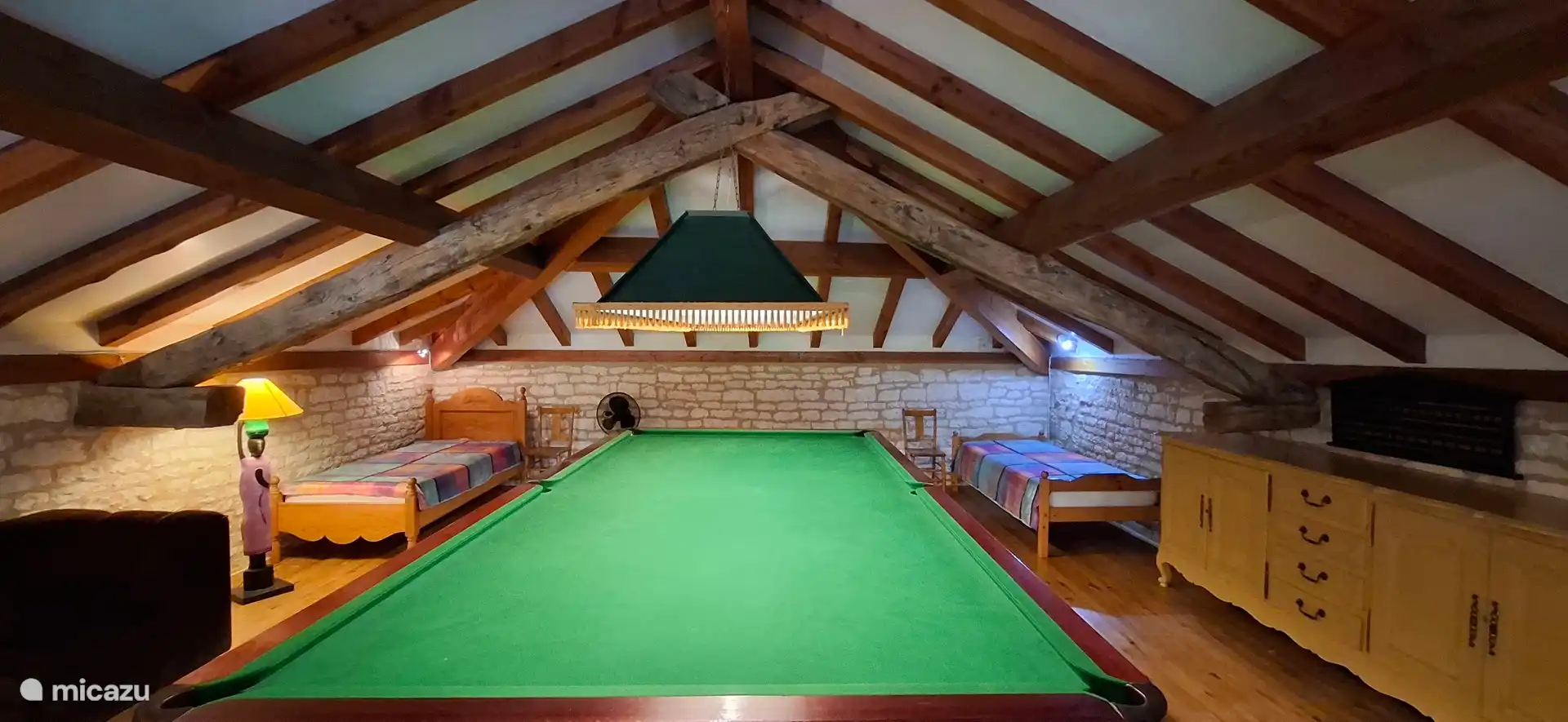 Full size snooker table. 2 single beds.