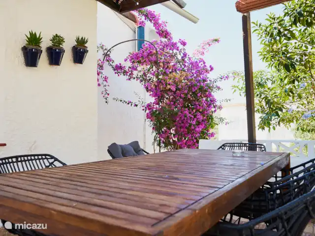 Casa Yavari en España, Costa Blanca, Pedreguer  - villa Vista desde la puerta principal de Casa Yavari
Desde la puerta principal se mira hacia la puerta superior. A la izquierda, se puede ver la pérgola de estilo ibicenco con dos lámparas negras ibicencas, rodeadas de exuberantes flores. También es visible la barbacoa, perfectamente integrada en este atractivo espacio exterior.