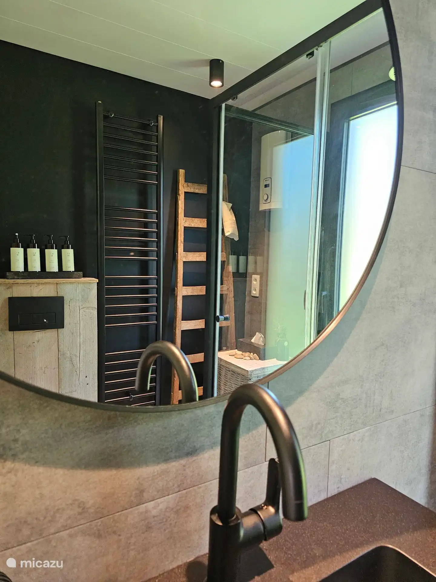 modern bathroom with counter shower and wonderful care products