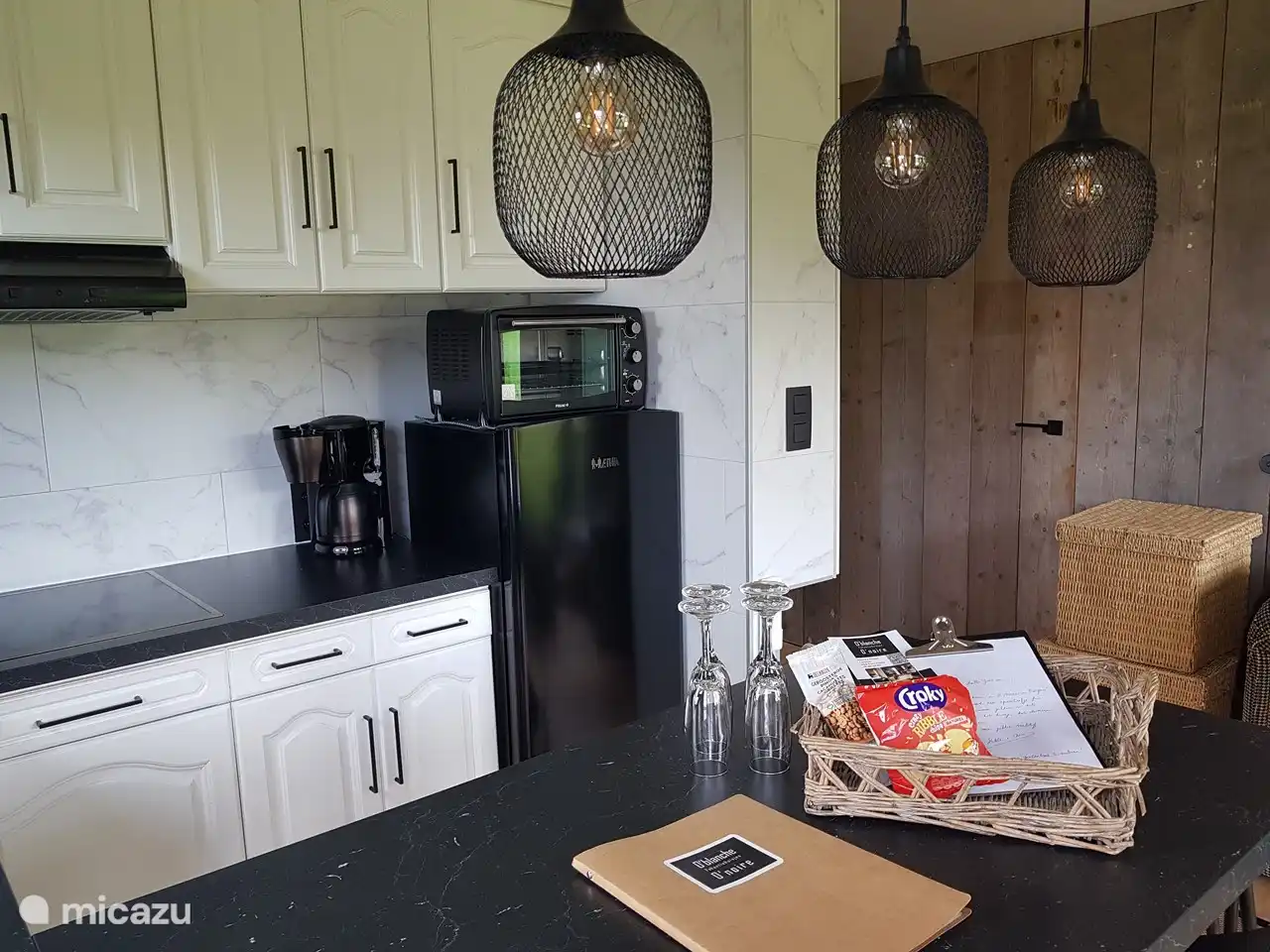 refrigerator, oven with grill, kettle, coffee maker, and more!