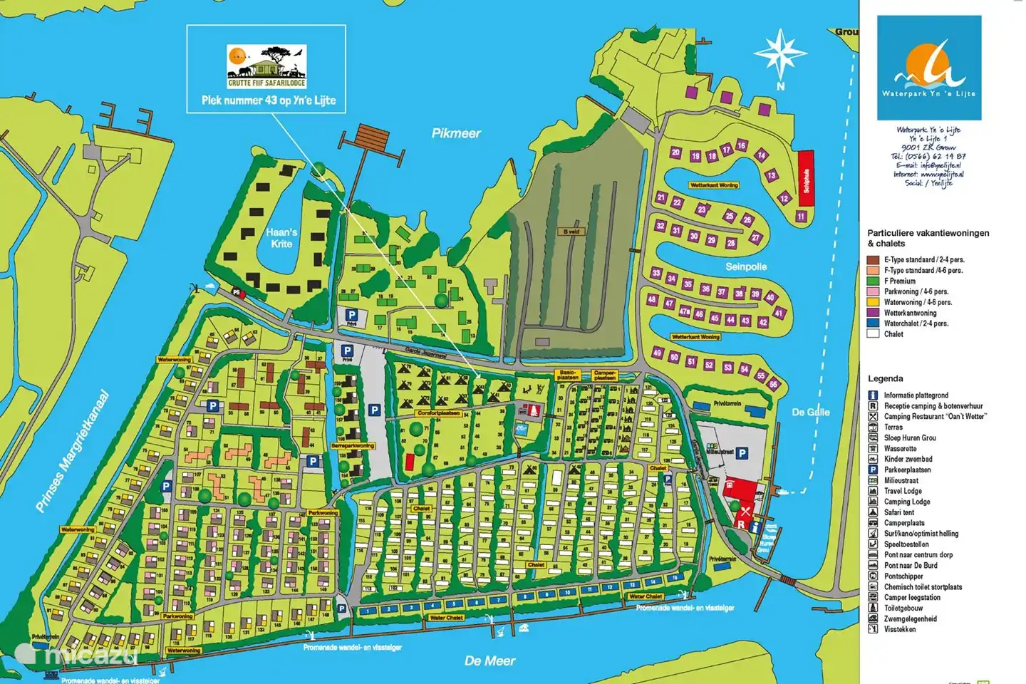 Ligging van de luxe glampingtent Grutte Fiif op watersportpark Yn'e Lijte