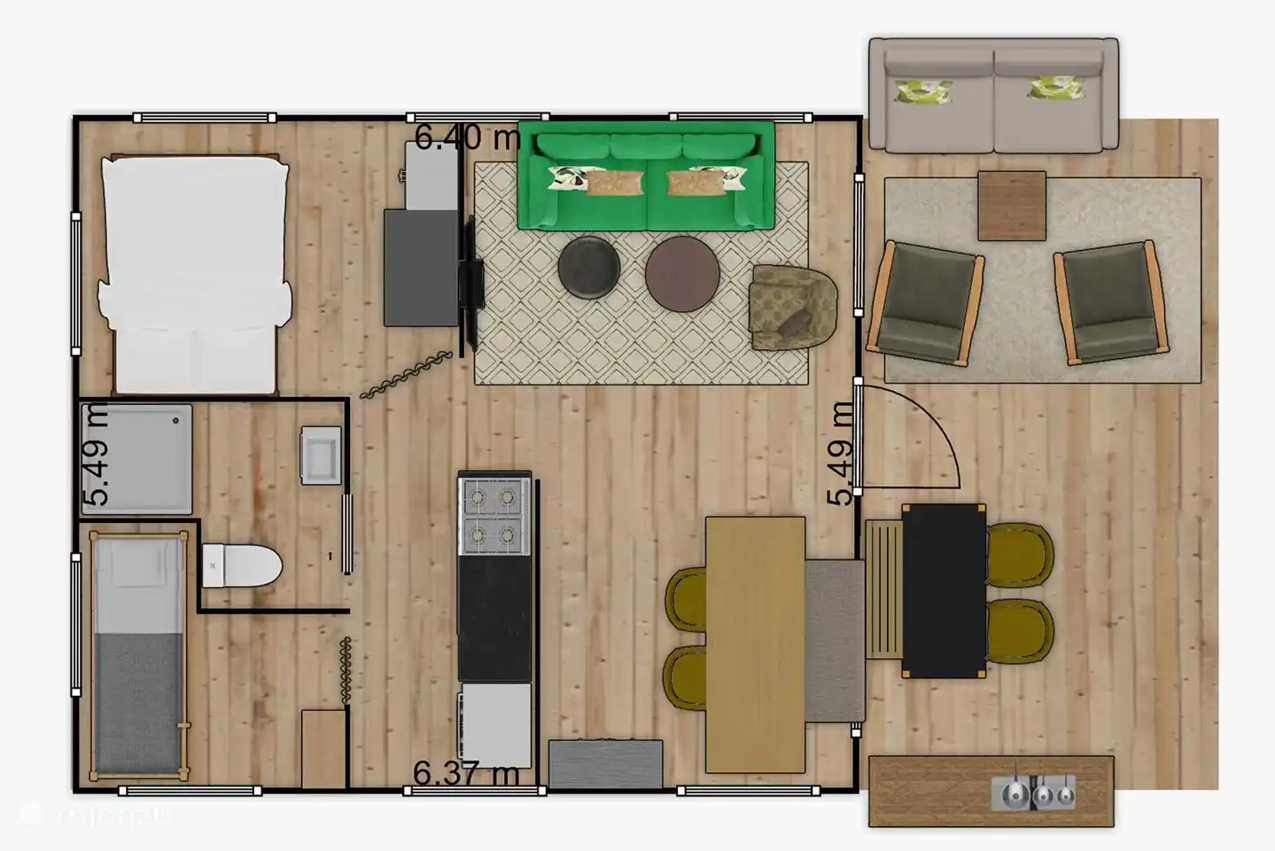 Plattegrond glamping tent Grutte Fiif Safarilodge (50m2 leefruimte)