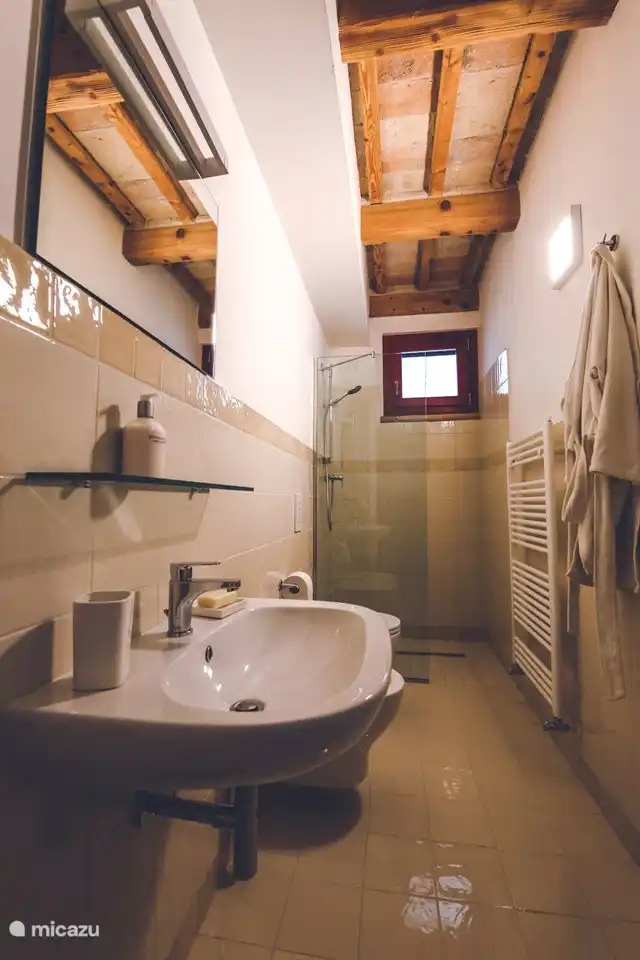 Badezimmer mit luxuriöser ebenerdiger Dusche, Waschbecken, Toilette, Bidet und Haartrockner