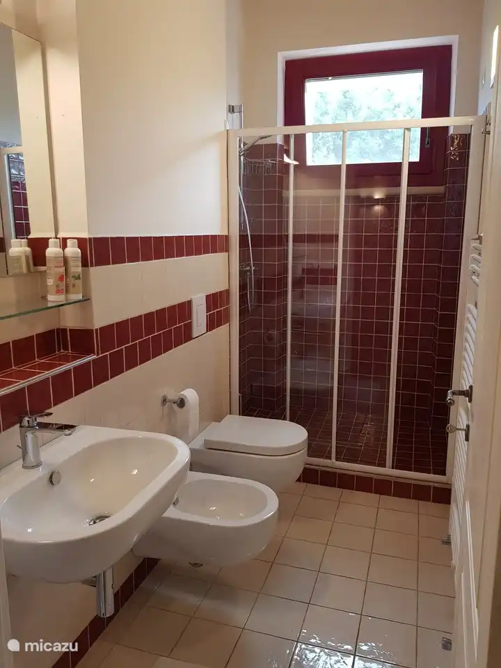 Cuarto de baño con plato de ducha, lavabo, inodoro, bidé y secador de pelo