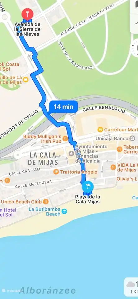 Der Fußweg von der Wohnung zum Strand beträgt ca. 14 Minuten.