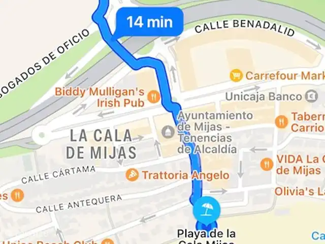 Location de Vacances Espagne, Costa del Sol, La Cala de Mijas, appartement - Casa TaJo La distance de marche de l'appartement à la plage est d'environ 14 minutes.