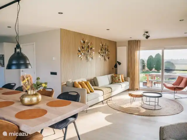 Heggerank 21 | Pays-Bas, Zélande, Nieuwvliet-Bad - maison de vacances Salon atmosphérique avec cheminée et portes-fenêtres donnant sur le jardin et un grand coin salon avec une Smart TV.