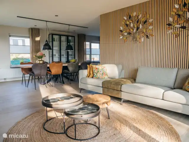Heggerank 21 | Pays-Bas, Zélande, Nieuwvliet-Bad - maison de vacances Salon atmosphérique avec cheminée et portes-fenêtres donnant sur le jardin et un grand coin salon avec une Smart TV.