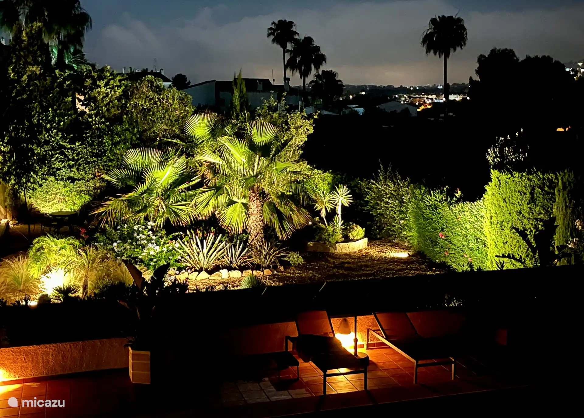 The garden is beautifully lit at night