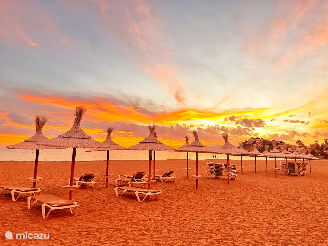 Transats sur la plage, vous pouvez les louer et il y a un bar