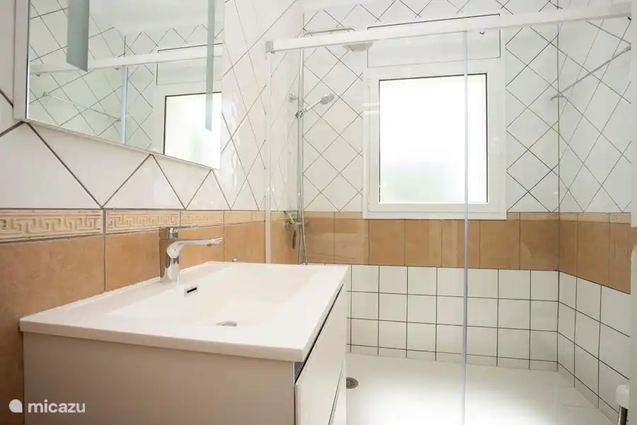 Renovated bathroom with spacious shower.