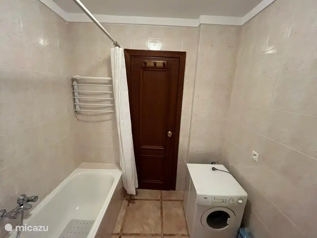 seen from the other side. Bath with shower and washing machine.