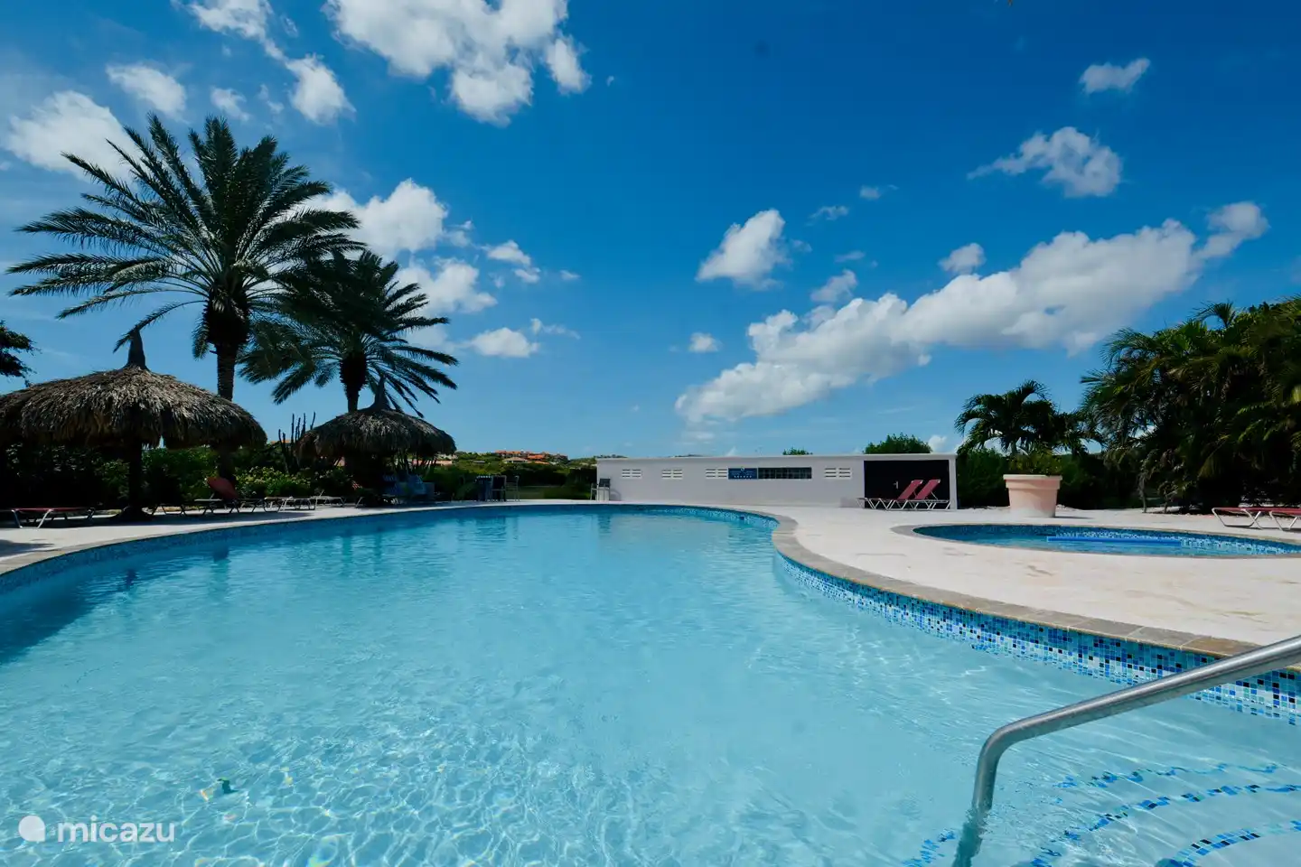 The large swimming pool is located in the middle of the tropical garden. There are several palapas and sun beds around the pool!
