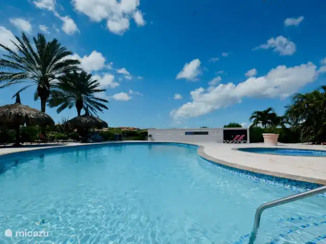 Boutique Blue Bay Beach Villa #1a en Curazao, Curazao Centro, Blue Bay - villa La gran piscina se encuentra en medio del jardín tropical. ¡Hay varias palapas y tumbonas alrededor de la piscina!