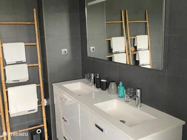 Villa Vale da Ponte en Portugal, Costa de Prata, Foz do Arelho - villa Cuarto de baño en el dormitorio principal: doble lavabo, bañera grande, aseo y ropa de baño disponibles.
