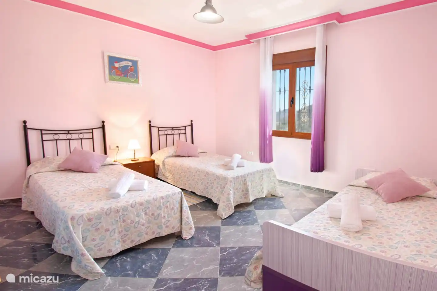 De roze kamer is ook een gemeenschappelijke kamer, maar niet alleen maar met eenpersoonsbedden.