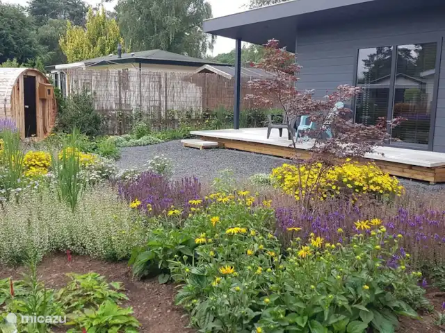 Location de Vacances Pays-Bas, Gueldre, Wells, chalet - Huisje de Berk - Moderne Avec Sauna Beau jardin fleuri avec une belle terrasse couverte au sud