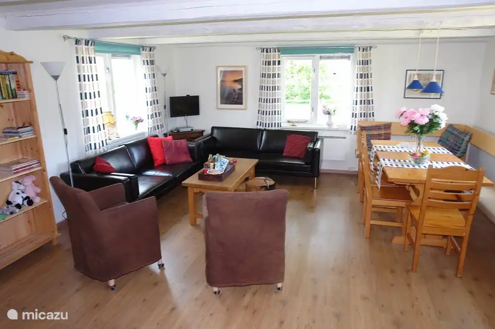 Offenes Wohnzimmer (mit Klimaanlage).
Es gibt WLAN, Fernseher und DVD-Player.