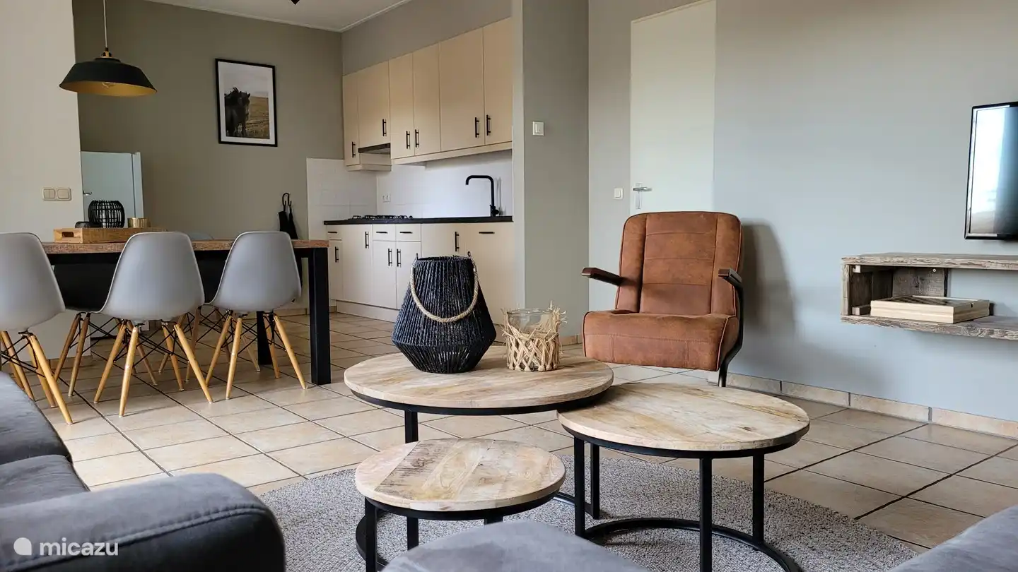 Séjour, séjour cuisine. Avec grand réfrigérateur/congélateur, lave-vaisselle, micro-ondes combiné, cafetière et bouilloire.