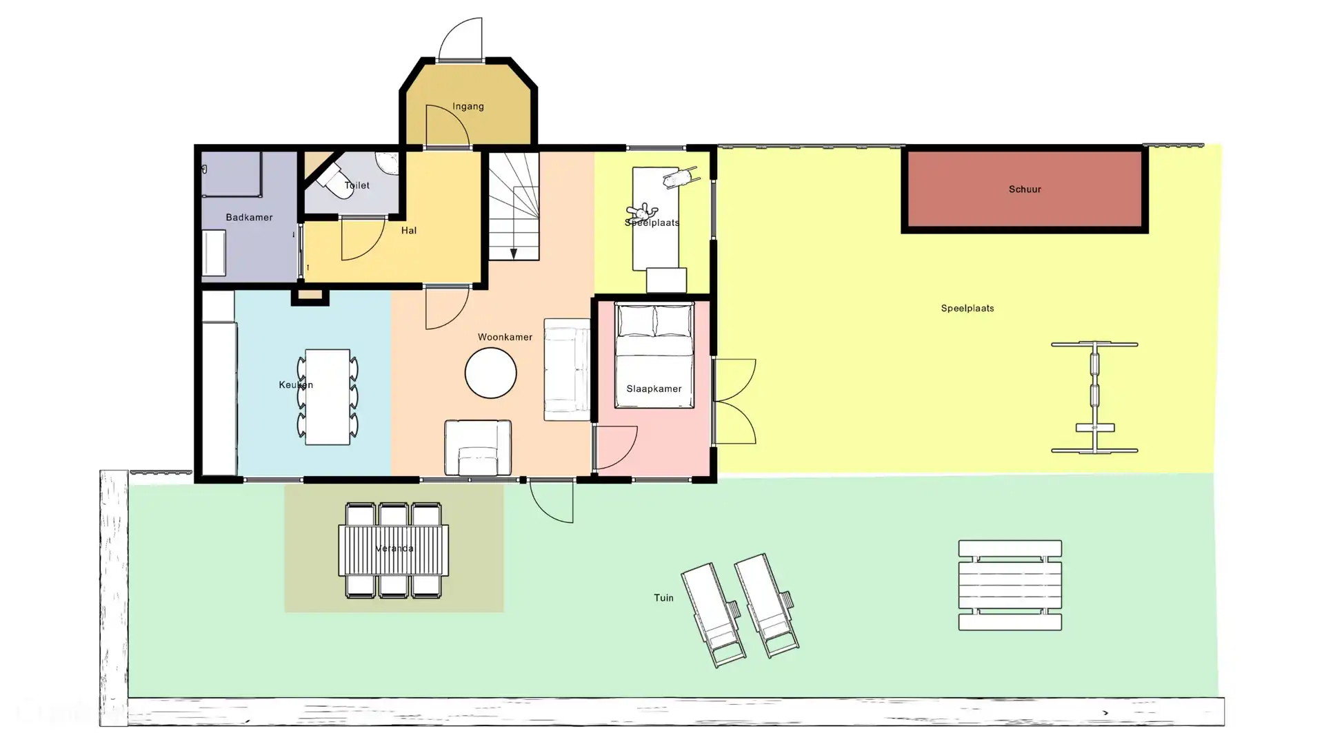 overzicht indeling 6 persoonshuisje beneden.