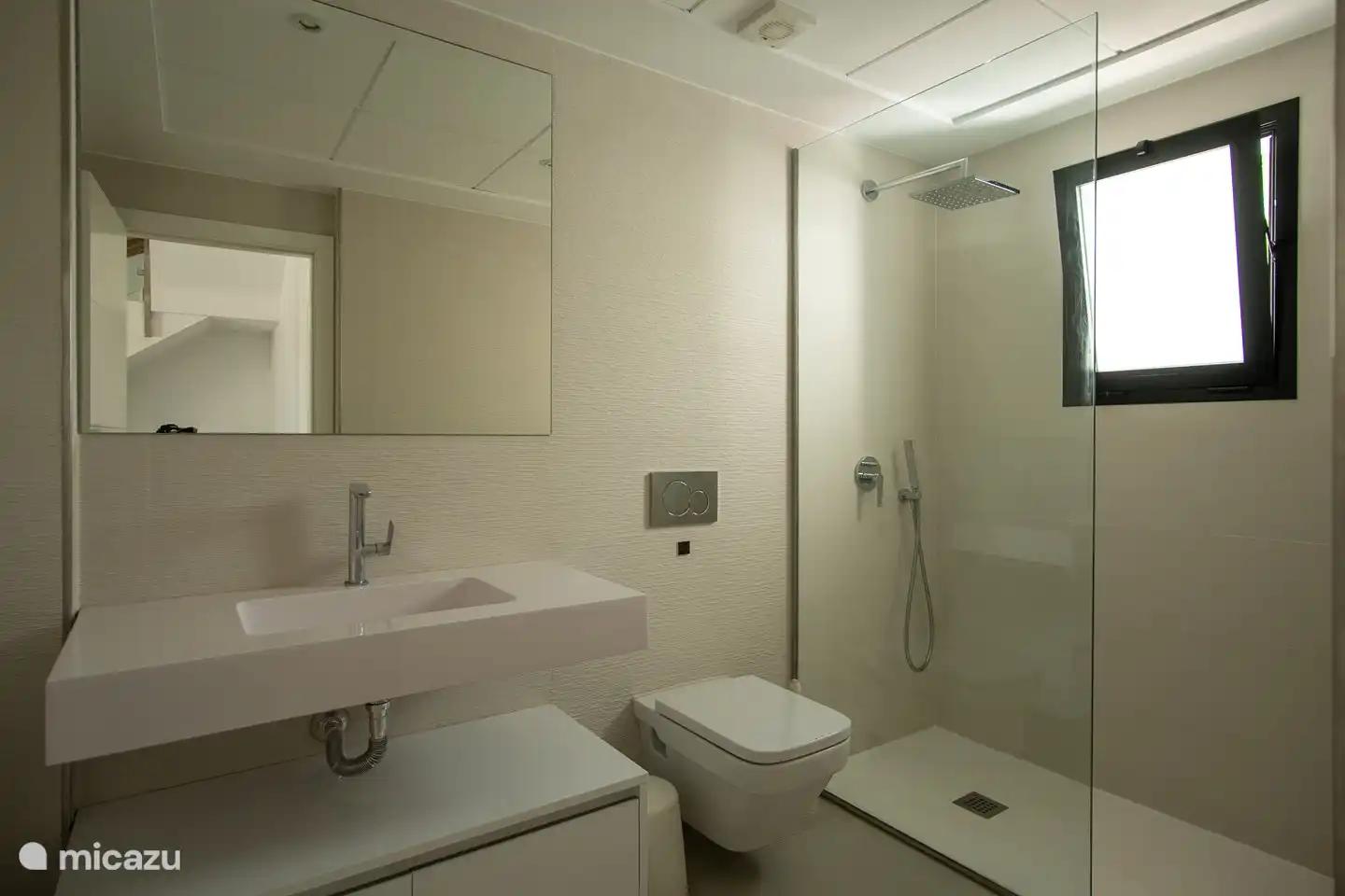 Badezimmer mit begehbarer Tasche, Waschbecken und WC